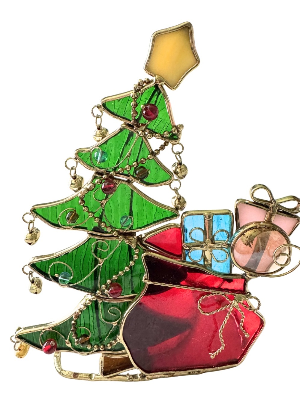 Vintage Stained Glass Christmas Tree Sleigh tabletop Decoration